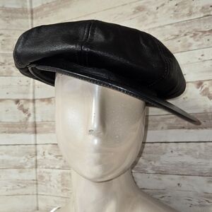 Vintage Black Leather Newsboy Cap Size M 58 cm Greek Fisherman Hat